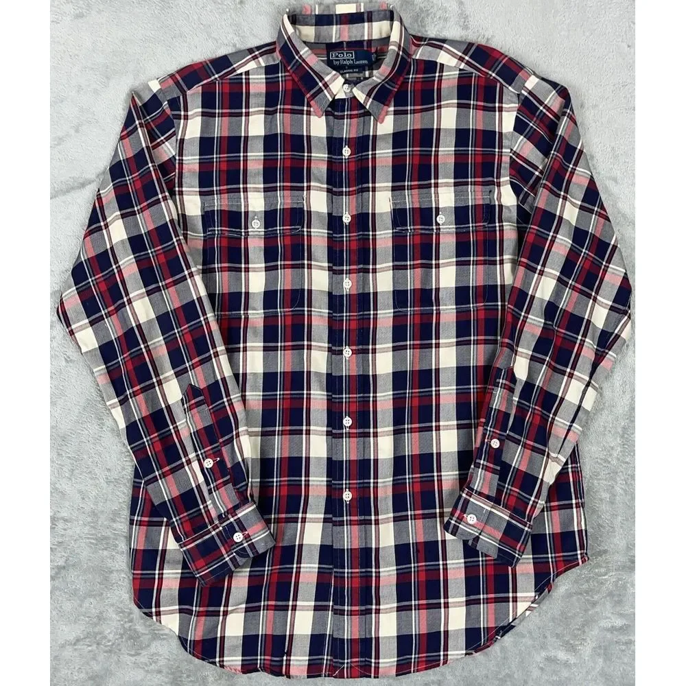 Vintage Ralph Lauren Shirt‎ Mens Large Red White  Blue Tartan Plaid Button Up